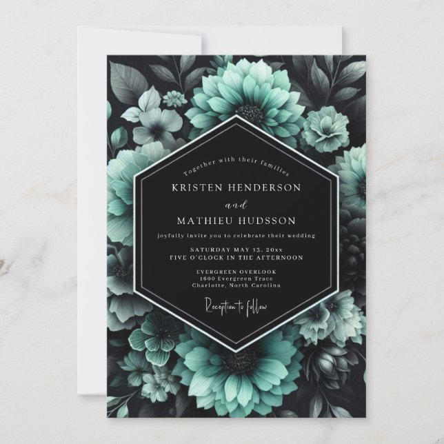 Convites Casamento Floral Teal Noir (Frente)