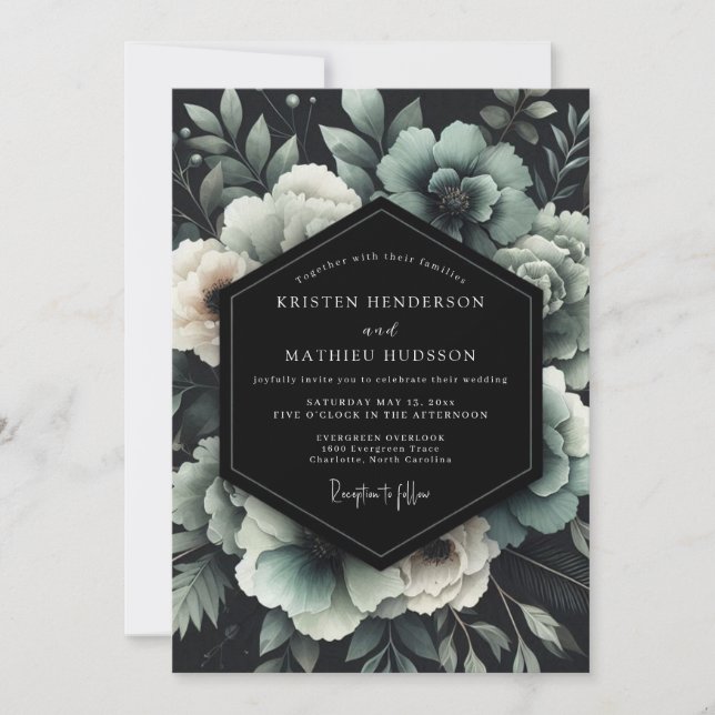 Convites Casamento Floral Teal Noir (Frente)