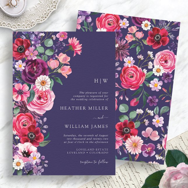 Convites Casamento Floral Temperamental (Moody Navy Blue Floral Wedding Invitation Monogrammed by Painted Paperie
)
