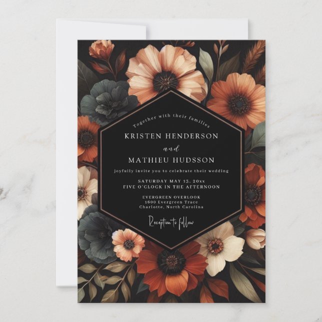 Convites Casamento Floral Temperamental com Terracota e Ard (Frente)
