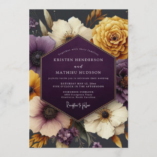 Convites Casamento Floral Temperamental de Ameixa e Dourado