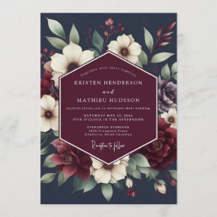 Convites Casamento Floral Temperamental em Burgundy e Azul