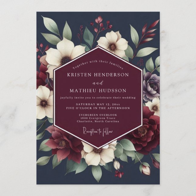 Convites Casamento Floral Temperamental em Burgundy e Azul  (Frente)