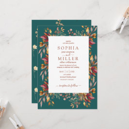 Convites Casamento Floral Terracota em Aquarela Azul Turque