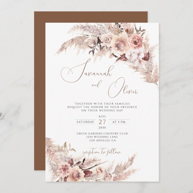Convites Casamento Floral Terracotta Bohemian Pampas Grass (Frente/Verso)