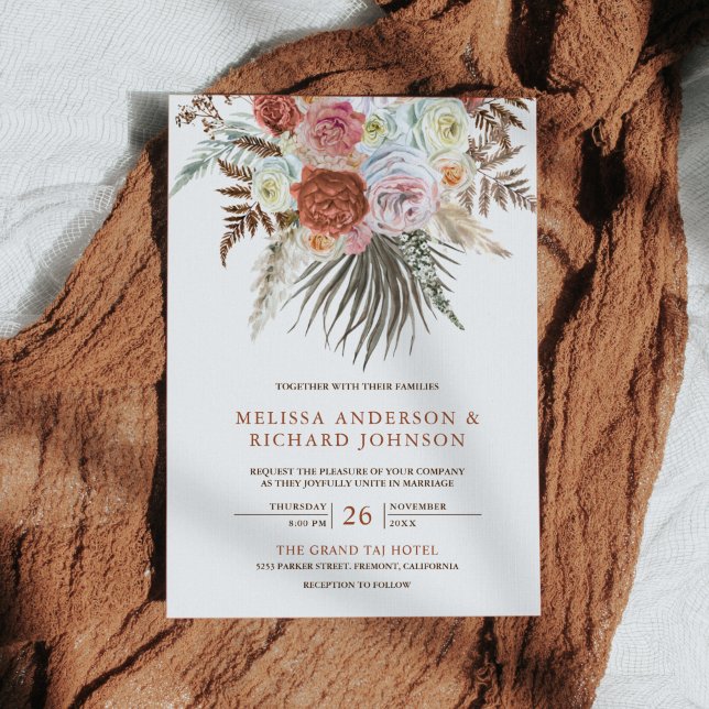 Convites Casamento Floral Terroso de Grama Pampas Boho Terr (Criador carregado)