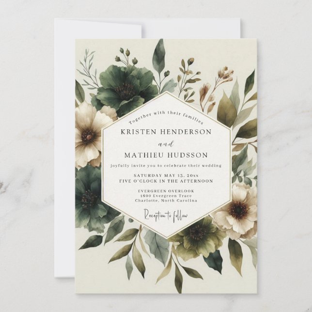 Convites Casamento Floral Terroso em Hunter Verde (Frente)