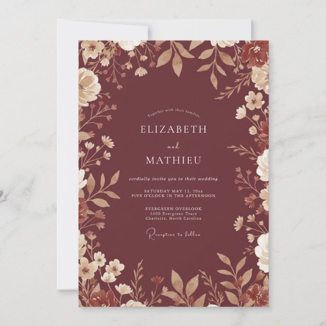 Convites Casamento Floral Terroso Marrom (Frente)