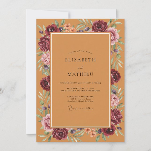 Convites Casamento Floral Terroso Outonal Borgonha (Frente)