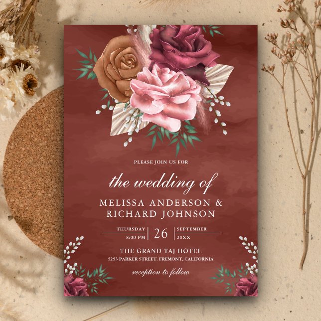 Convites Casamento Floral Terroso Rosa Canela Boho Rústico (Criador carregado)