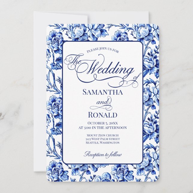 Convites Casamento Floral Toile Azul e Branco com Caligrafi (Frente)
