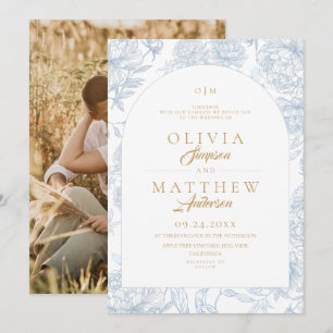 Convites Casamento Floral Toile Azul Francês