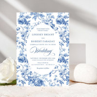 Casamento Floral Toile de Jouy Azul Real Refinado