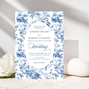 Convites Casamento Floral Toile de Jouy Azul Real Refinado