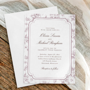 Convites Casamento Floral Toile de Rosa Vintage Rosa Malva