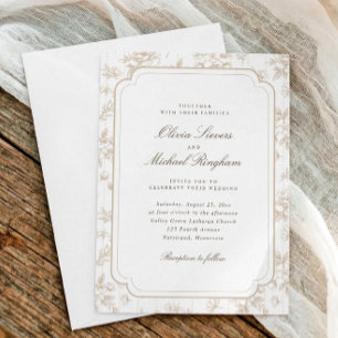 Convites Casamento Floral Toile Francês Bege Vintage