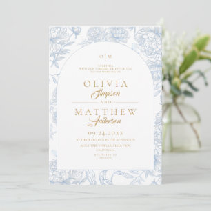 Convites Casamento Floral Toile Francês Pó Azul