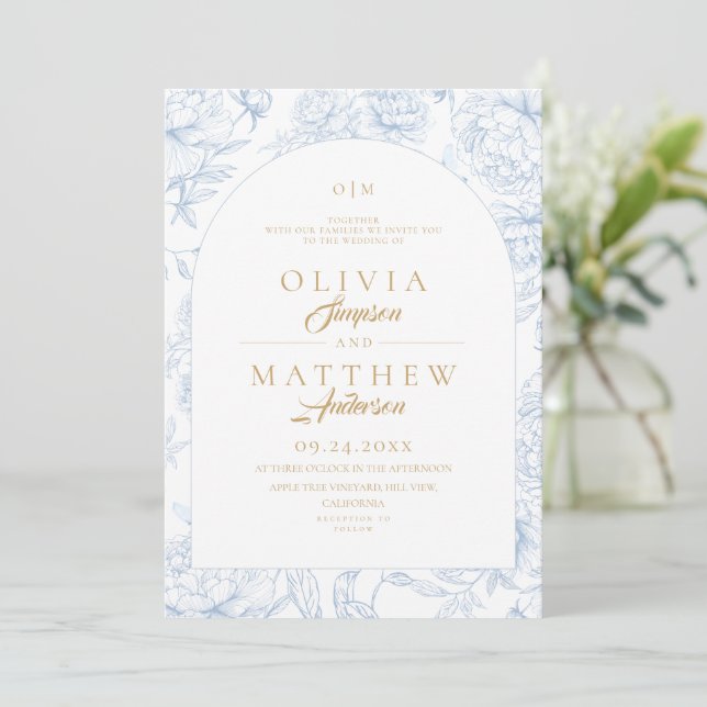 Convites Casamento Floral Toile Francês Pó Azul  (Em pé/Frente)