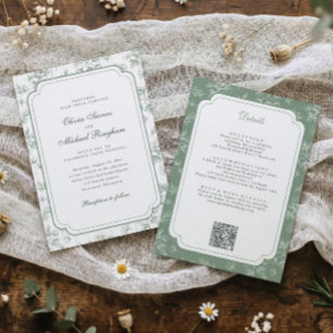 Convites Casamento Floral Toile Francês Vintage em Verde Sa