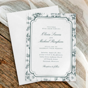 Convites Casamento Floral Toile Moldura Esmeralda Vintage