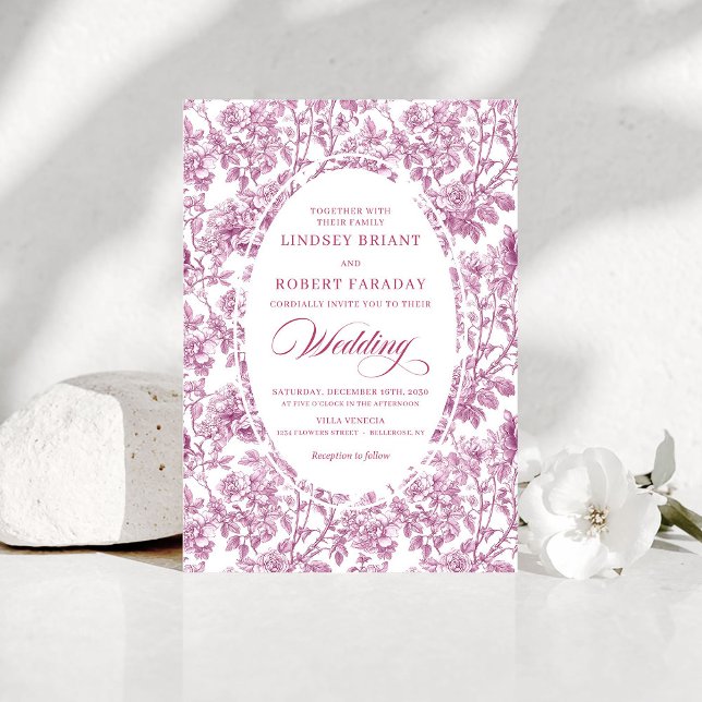 Convites Casamento Floral Toile Rosa Fuchsia Elegante Doura (Stylish Fuchsia Rose Gold Toile Floral Wedding Invitation)
