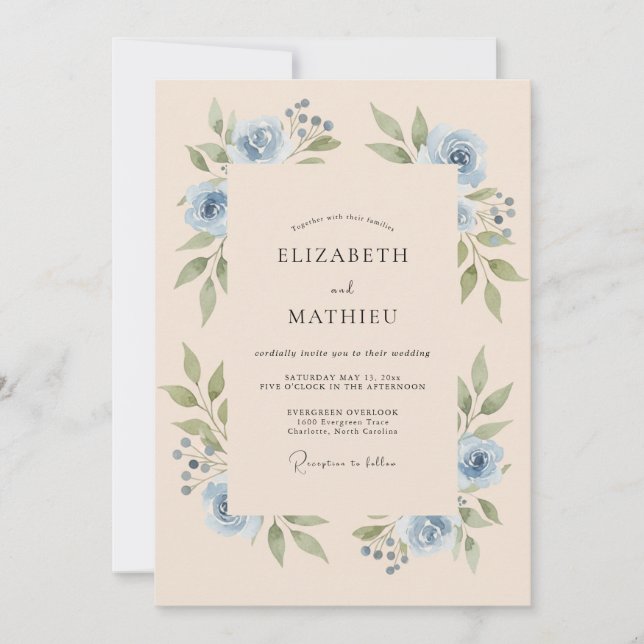 Convites Casamento Floral Tranquilo Azul Empoeirado (Frente)