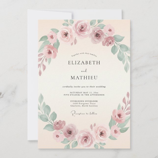Convites Casamento Floral Tranquilo Rosa Bege (Frente)