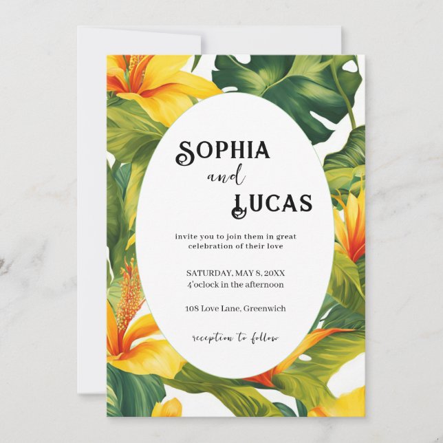 Convites Casamento Floral Tropical Amarelo (Frente)