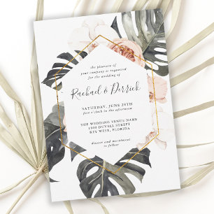 Convites Casamento Floral Tropical Boho com Moldura Geométr