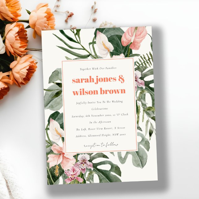 Convites Casamento Floral Tropical Boho Vibrante Bege de Pê (Criador carregado)