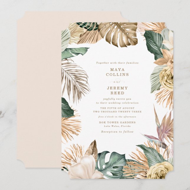 Convites Casamento Floral Tropical Botânico Dourado Rosa (Frente/Verso)