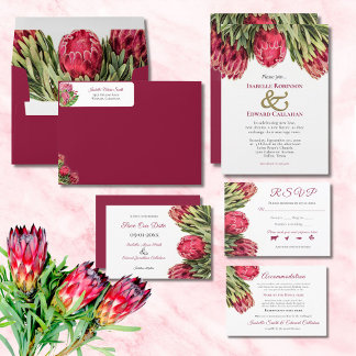 Convites Casamento Floral Tropical Burgundy Rosa Rei Protea