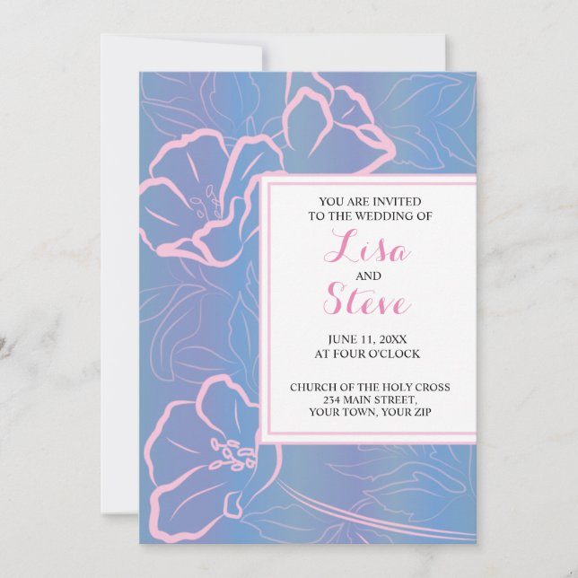 Convites Casamento Floral Tropical com Azul-Anil e Rosa (Frente)