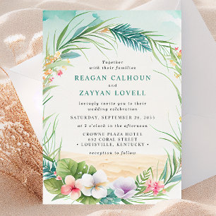 Convites Casamento Floral Tropical de Folhagem de Praia em 