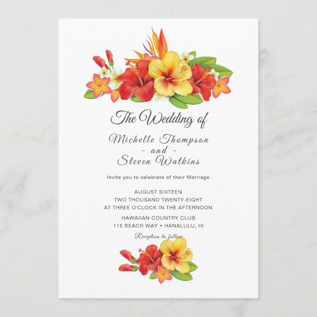 Convites Casamento Floral Tropical de Hibisco Elegante (Frente)