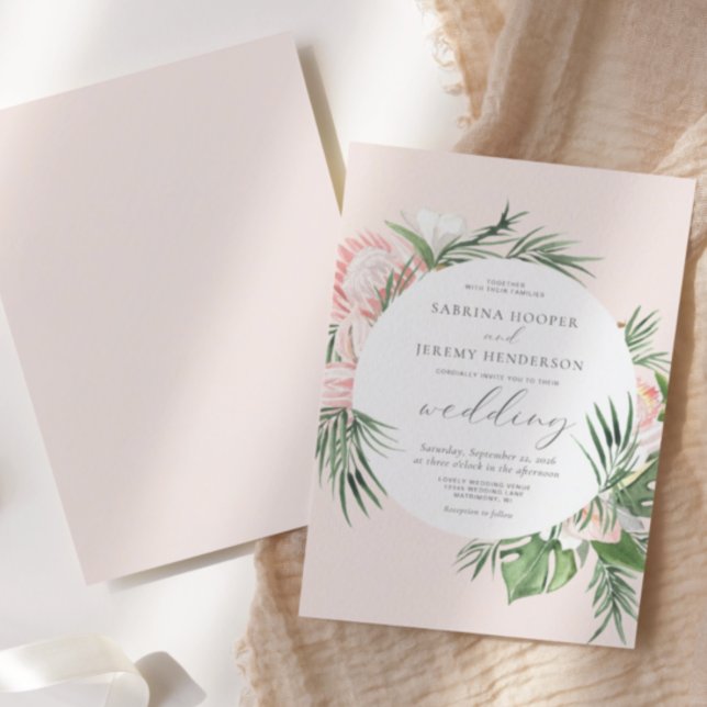 Convites Casamento Floral Tropical em Círculo com Blush em  (Criador carregado)
