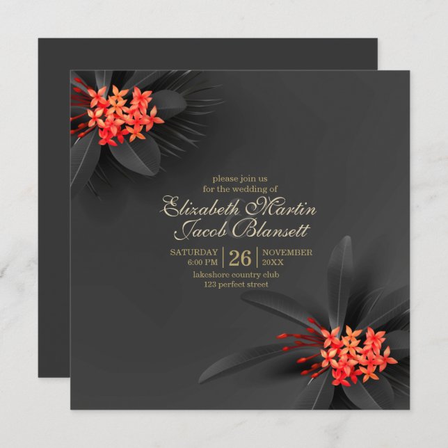 Convites Casamento Floral Tropical Escuro Elegante (Frente/Verso)