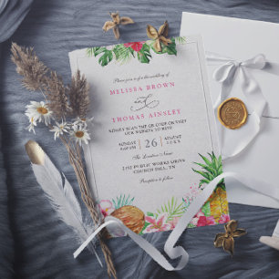 Convites Casamento Floral Tropical Havaiano Código QR Elega