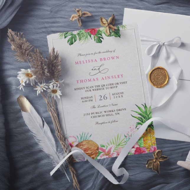 Convites Casamento Floral Tropical Havaiano Código QR Elega (Criador carregado)