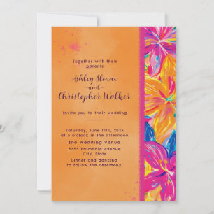 Convites Casamento Floral Tropical Laranja Rosa em Aquarela