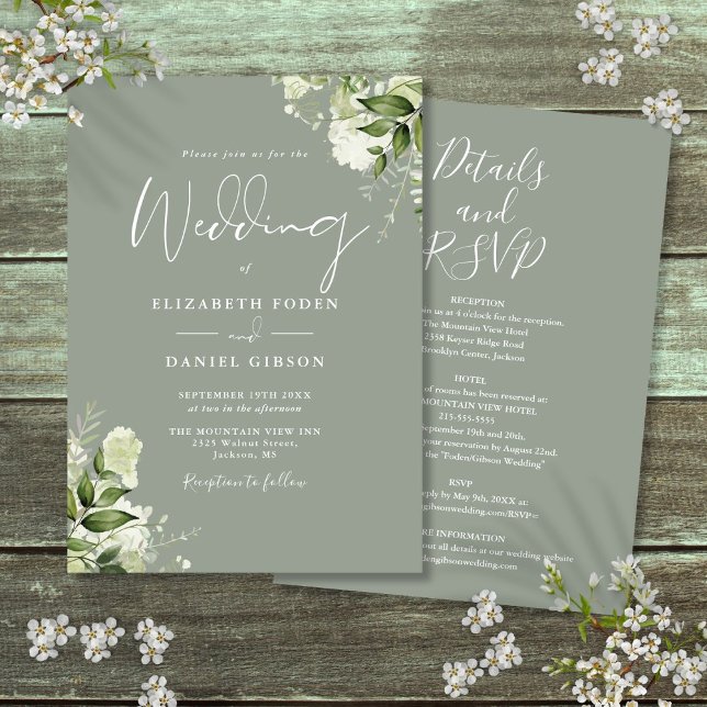 Convites Casamento Floral Tudo Em Um Sábado Verde (All In One Sage Green Greenery Floral Wedding Invitation)