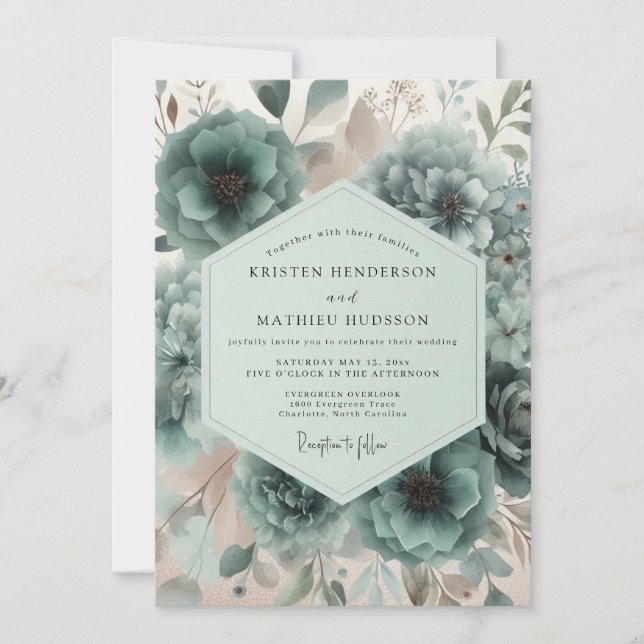 Convites Casamento Floral Turquesa (Frente)