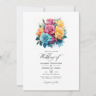 Convites Casamento Floral Turquesa, Amarelo e Rosa