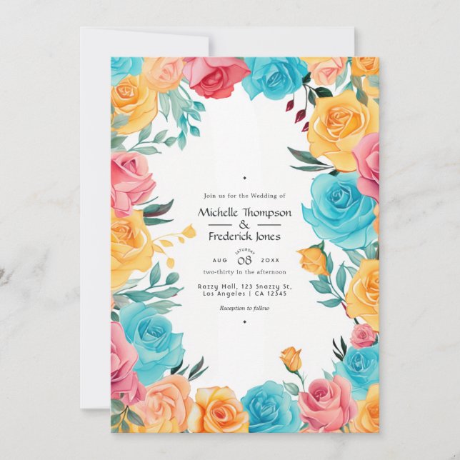 Convites Casamento Floral Turquesa, Amarelo e Rosa (Frente)
