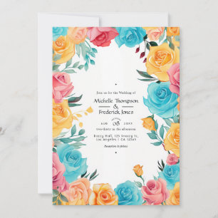 Convites Casamento Floral Turquesa, Amarelo e Rosa