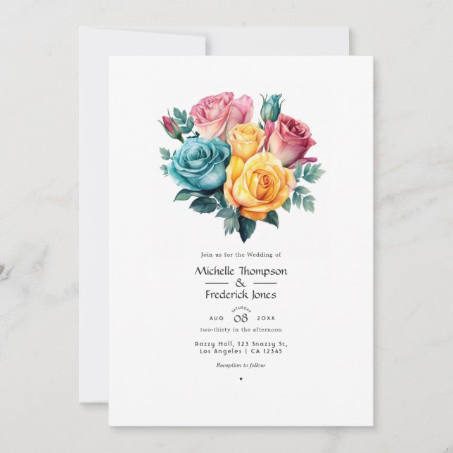 Convites Casamento Floral Turquesa, Amarelo e Rosa (Frente)