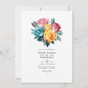 Convites Casamento Floral Turquesa, Amarelo e Rosa