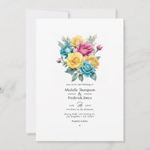 Convites Casamento Floral Turquesa, Amarelo e Rosa