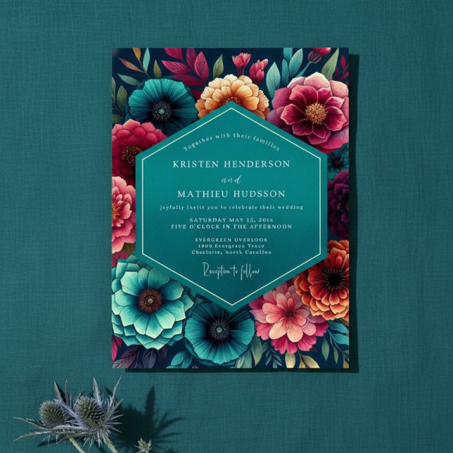 Convites Casamento Floral Turquesa de Outono (Criador carregado)