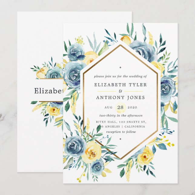 Convites Casamento Floral Turquesa e Amarelo (Frente/Verso)